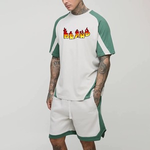 Ensemble de survêtement pour homme en tissu éponge délavé à l'acide, imprimé sur mesure, style streetwear d'été, deux pièces avec sweat à capuche et short - Product Image 1