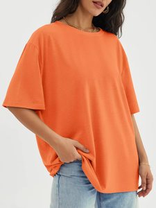 Camiseta Oversize Naranja para Mujer, Hombros Caídos, Corte Holgado, Color Sólido, Cuello Redondo, Manga Corta, Transpirable, Algodón Jersey, Primavera Verano - Product Image 4