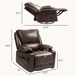 Oversized Brown Swivel Recliner Armchair with Heat <b>Footrest</b> Remote Side Pockets Featuring a Comfortable Massage Feature - Product Image 2