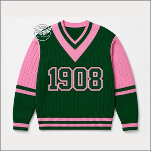 Pull-over personnalisé pour femme, vert et rose, col en V, imprimé 1908, style preppy, pull d'hiver à manches longues en tricot acrylique - Product Image 1