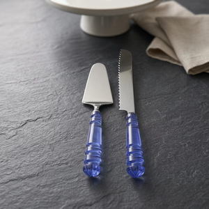 Juego de espátula y cuchillo para servir pasteles de acero inoxidable con mangos de plástico azul y acabado cepillado. Elegante juego de cuchillo y espátula para servir pasteles. - Product Image 6