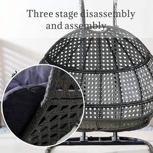 Sillón Colgante Tipo Huevo de Mimbre Doble, Resistente a la Intemperie, Color Negro y Gris, para Hogar, Dormitorio, Patio, Balcón, Muebles de Patio Premium - Product Image 5