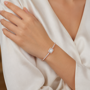 10K Rose Gold Plated Lab Grown Diamond Emerald Cut Tennis <b>Bracelet</b> with Round Side Stones Trendy Halo Design for Women - Product Image 1