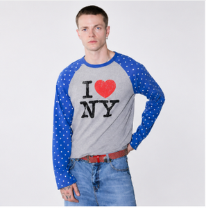 T-shirt à manches raglan pour homme I Love NY, étoiles bleues, corps gris, col rond, coupe décontractée, jersey de coton, imprimé numérique sur le devant, 320g - Product Image 3