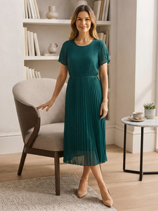 Robe de Cocktail Midi Solide de Qualité Supérieure pour Femme, Couleur Verte, Col Rond, Manches Courtes Volantées, Taille Élastique, Coupe Trapèze - Product Image 2