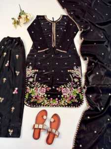 Designer Embroidery Thread Work Satin Glass <b>Top</b> With Farshi Salwar Bottom And Dupatta Fully Stitched Ready To Wear Set - Product Image 5