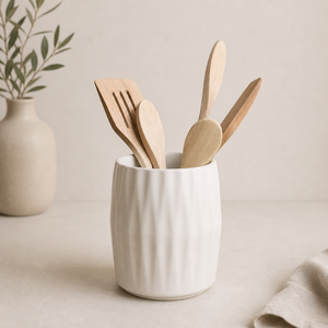 Porte-ustensiles en céramique contemporain, finition texturée ondulée, grès cuit à haute température, organisateur de cuisine durable et élégant - Product Image 1