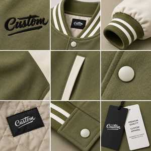 Custom Men's Varsity Jacket Olive Green Beige Sleeve Turn-down Collar <b>Covered</b> <b>Button</b> Casual Winter Style Printed Letter Back - Product Image 4