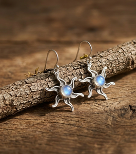 Boucles d'oreilles pendantes soleil en argent sterling 925 pur avec pierre de lune arc-en-ciel, plaquées or jaune et or rose, bijoux bohèmes célestes faits à la main pour elle - Product Image 1