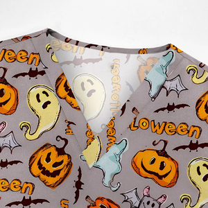 Custom Halloween Print Medical Scrubs V-Neck Short Sleeve Nurse Uniform Women's Holiday <b>Festive</b> Scrub <b>Top</b> with Pockets - Product Image 5