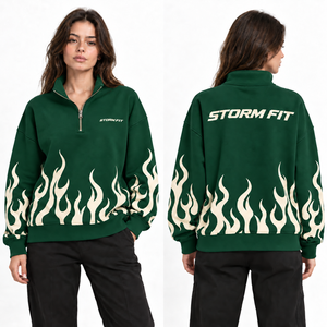 Sweat-shirt personnalisé pour femme, blanc, imprimé flamme, col zippé, coupe classique, en coton tricoté, décontracté, pour l'automne - Product Image 3