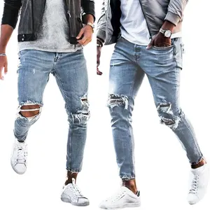 Effortless Urban Wear 2024 Trendy Customized Logo Super Stretchy Men's Distressed Ripped Denim Jeans Low Cost Made In Bangladesh