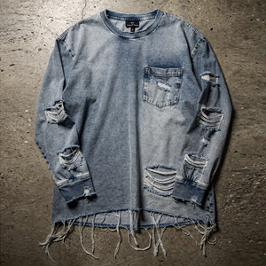 เสื้อยืดเดนิมคอตตอนทรงดิสเทรส แขนยาว คอกลม กันลม สำหรับผู้ชาย - Product Image 1
