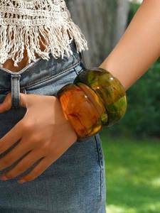 Handmade Vintage Resin Bangle <b>Bracelet</b> with Carved Floral and Geometric Design <b>Crystal</b> & Rhinestone Trendy Women's Gift - Product Image 5