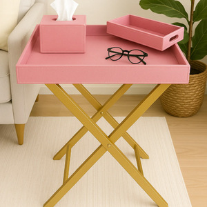 Bandeja Plegable de Cuero PU con Soporte Metálico, Bandeja de Servicio de Cuero Rosa - Product Image 4