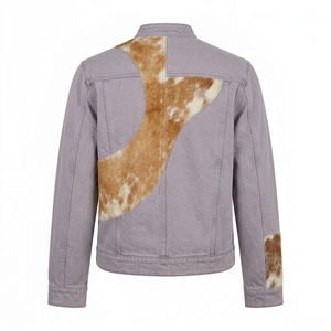 Veste pour homme en denim délavé violet avec patchwork en cuir de vache véritable, col montant, fermeture à boutons-pression, personnalisable - Product Image 2