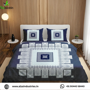 Parure de lit 3 pièces Shahi Gharana en pur coton avec taies d'oreiller |   Literie de luxe douce bleu marine avec imprimé géométrique. - Product Image 2