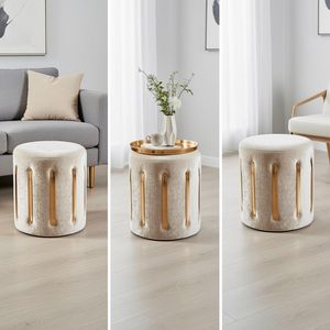 Velvet Round Golden Multiple Strip Ottoman Office Stool Foot Rest Stool Linen Fabric Padded Seat <b>Pouf</b> Ottoman with Round Shape - Product Image 3