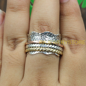 Handmade Mixed Metal <b>Spinner</b> <b>Ring</b> 925 Sterling Silver Meditation Fidget <b>Ring</b> Wide Textured BandUnisex Anxiety Relief SpinnerRing - Product Image 4