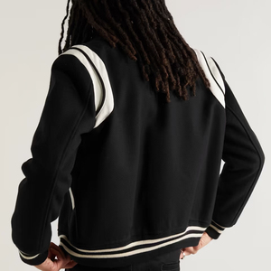 <b>Men's</b> Black Varsity <b>Jacket</b> With <b>White</b> Stripes Stand Collar Button Closure Preppy Style Regular Fit Autumn Wear - Product Image 2