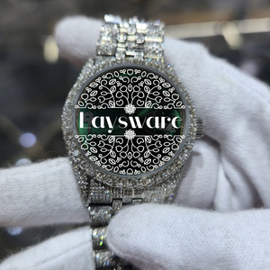 Antique Luxury Moissanite Diamond Analog <b>Watch</b> with Green Sunburst Glass Dial Stainless Steel Iced Out <b>Skeleton</b> Design <b>Watch</b> - Product Image 2