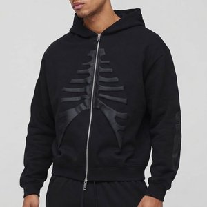 New Sales Custom Men's <b>Black</b> Zip-Up <b>Hoodie</b> With Raised Rubber Skeleton Print Streetwear Style Regular Fit FRENCH TERRY Fabric - Product Image 1