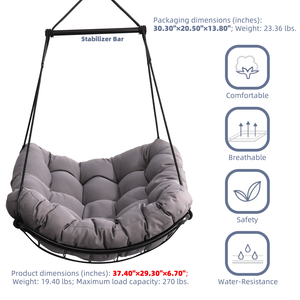 Gray Indoor/Outdoor Hammock Chair <b>Swing</b> <b>Cushion</b> Sturdy Steel Bar Anti-Slip Safety Rings for Patio Porch Bedroom <b>Garden</b> - Product Image 2
