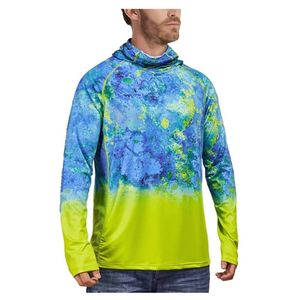 UPF 50 Anti UV Protection Pullover Top Men's Long Sleeve <b>Hooded</b> Fishing <b>Shirt</b> With Gradient Blue Green Print Sublimation Design - Product Image 1