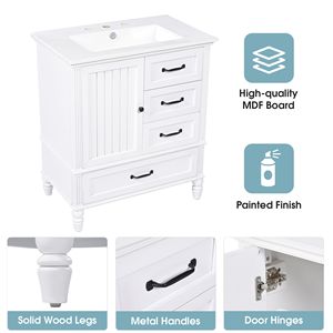 Mueble de Baño de Madera Maciza de 30 Pulgadas con Lavabo, Puerta, Tres Cajones, Tablero de MDF y Patas Ajustables - Product Image 4