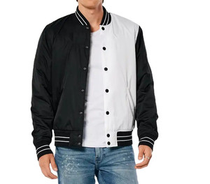 Men's Black White Varsity Jacket Regular Fit Crew Neck <b>Covered</b> <b>Button</b> Closure Color Blocking Casual Winter Streetwear Wool - Product Image 1