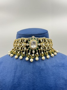 Conjunto de Collar Puayi de Plata de Ley 925 con Acabado Dorado Antiguo, con Piedras de Circonio Verde Esmeralda y Gotas de Perla, Collar Tradicional para Boda - Product Image 4
