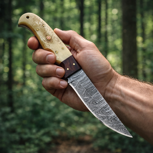 Couteau de chasse artisanal à lame droite en acier Damas, manche en os et bois, avec étui en cuir - Product Image 4