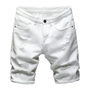 Shorts Bermuda en jean blanc déchiré pour homme, taille mi-haute, fermeture boutonnée, style décontracté, en toile de coton - Product Image 1