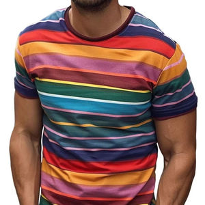T-shirt à manches courtes pour homme, coupe classique, col rond, motif rayé, couleurs contrastées, respirant, tricoté, 100% coton, noir, rouge, bleu - Product Image 6
