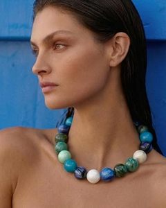 Collier pour femmes, collier bohème avec grosse perle, perles en résine bleu et marron, bijoux d'été pour la plage, cadeaux - Product Image 1