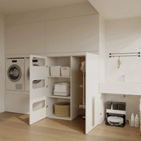 Armoire de buanderie moderne blanche Senger avec niches intégrées pour lave-linge et sèche-linge et étagère à panier à linge extractible