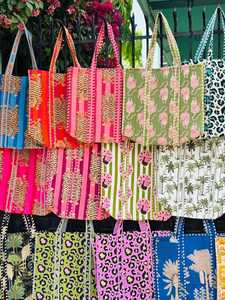 Best Seller <b>Hot</b> <b>Pink</b> Jungle Animal Leopard Cotton Kantha Quilted Storage Tote <b>Bag</b> Women Shoulder Travel Carrying Handbag Striped - Product Image 6