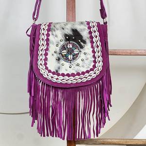 Bolsos cruzados de cuero genuino estilo bohemio para mujer, bolsos de hombro de moda con flecos de diseñador y cuentas de concha de piel de vaca auténtica - Product Image 3