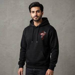 Sudadera con Capucha para Hombre, Negra, 100% Algodón, Invierno, con Bolsillo Frontal y Estampado de Cruz Gótica, 350g, Forro Polar, Servicio OEM - Product Image 4