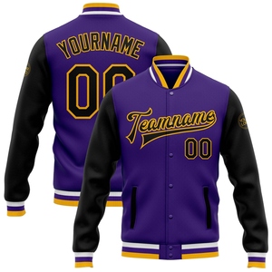 Veste bomber sur mesure en gros, bicolore violet, noir et or, style universitaire, entièrement boutonnée - Product Image 1
