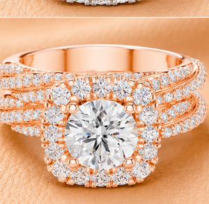 Anillo de Compromiso de Lujo con Halo de Diamantes de Corte Redondo para Mujer en Oro Amarillo, Oro Blanco y Oro Rosa, Joyería Nupcial - Product Image 3