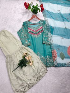 TENNECY Women's New Designer Solid Pure Heavy Viscose Satin Embroidery Sequence Work <b>Top</b>-Bottom Ankle-Length Party Dupatta Set - Product Image 4