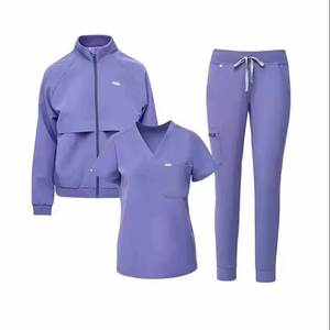 Women's Black <b>Scrub</b> <b>Set</b> With Jacket Top And Pants Polyester Knitted Hospital Uniforms - Product Image 3