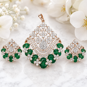 Ensemble de boucles d'oreilles pendantes de luxe en or rose 14 carats avec diamants floraux, par ISHWAR ART JEWELLERY, diamants étincelants pour femmes, bijoux fins - Product Image 1