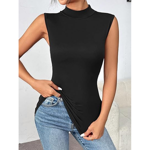 Débardeur col roulé moulant pour femme, sans manches, en Spandex/Polyester extensible, couleur unie élégante, décontracté, basique, brodé, tendance - Product Image 3