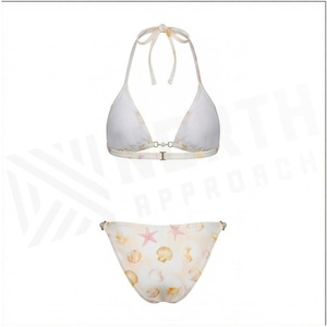 Ensemble bikini 2 pièces pour femmes, avec haut dos nu imprimé coquillages et bas string, décoration de perles, tissu extensible - Product Image 2