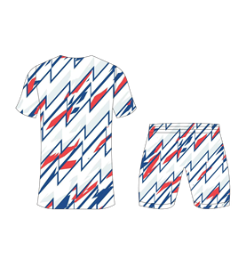 Custom sublimated soccer uniform set for men with white dark blue and red zig zag pattern print jersey and matching <b>shorts</b> - Product Image 6