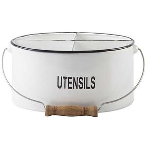White 6 Compartments Metal Cutlery oval <b>Caddy</b> in Wooden Handle for <b>Kitchen</b> Storage Organizer - Product Image 2