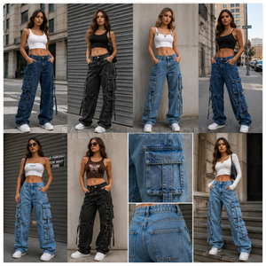 Lote de Stock: Jeans Cargo de Cintura Alta para Mujer, Hechos en Bangladesh, de Mezclilla Lavada a la Piedra, Ajuste Holgado con Crop Tops - Proveedor Mayorista de Ropa Femenina - Product Image 1