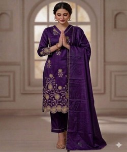 Purple Embroidered Silk Salwar Kameez Dupatta Women Traditional Wedding Wear <b>Ankle</b> Length India Pakistan Style 83801 BS...146 - Product Image 2